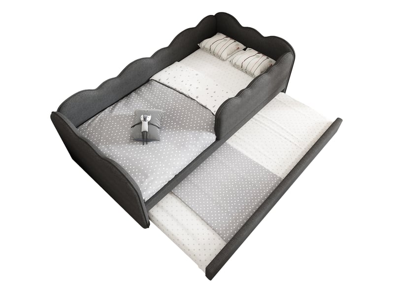  Lit enfant gigogne 90x190 cm avec sommier à lattes, revêtement en lin gris  - Conforama A
