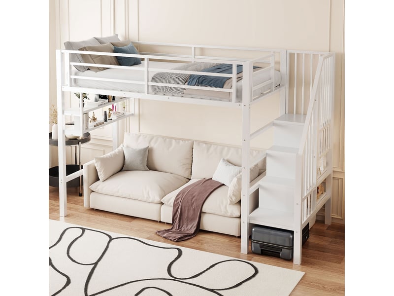 Lit mezzanine enfant 90x200 cm avec rangements et échelle blanc  - Conforama E