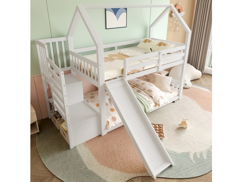  Modenvie lit mezzanine enfant 90x200 cm - avec toboggan, escalier de rangement, sans matelas - blanc  - Conforama B