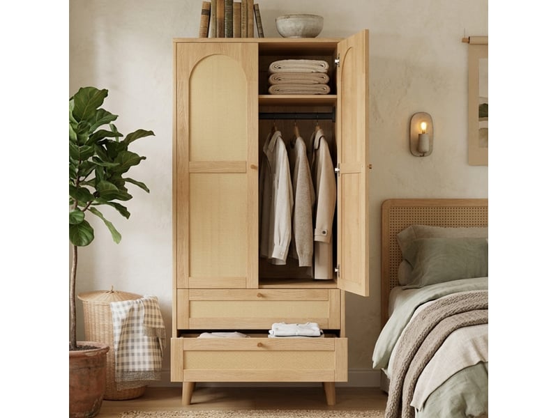 Armoire avec penderie, étagères et 2 tiroirs, décor rotin, pour chambre et entrée en mdf naturel 80 × 50 × 180 cm  - Conforama D