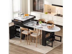 Table à manger extensible 80x55-195x95,5 cm avec roulettes, led, prises usbtype-c, rangements, mdf verre, noir et blanc