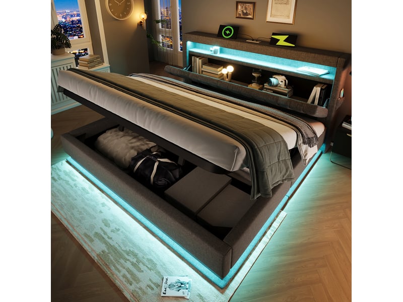  Lit coffre 160x200 cm avec tête de lit de rangement, usb et type-c avec matelas, led, lin, gris  - Conforama D