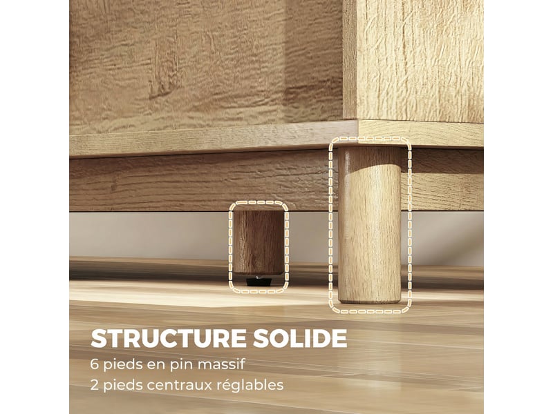  Meuble tv 135 cm, meuble télé pour téléviseur jusqu'à 65 pouces avec 2 portes en rotin, chêne, 2 compartiments ouverts  - Conforama W