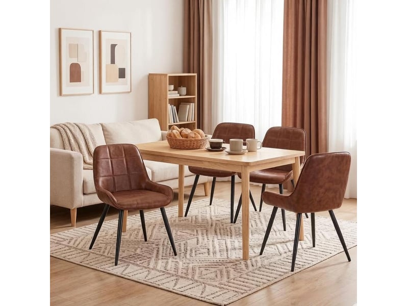  Lot de 4 chaises de salle à manger à dossier haut, assise rembourrée et pieds réglables en similicuir et métal marron  - Conforama D