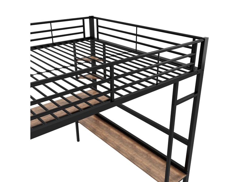 Lit mezzanine 140x200cm, lit enfant avec table, étagères de rangement, escalier et sommier, métal noir, sans matelas - Conforama E