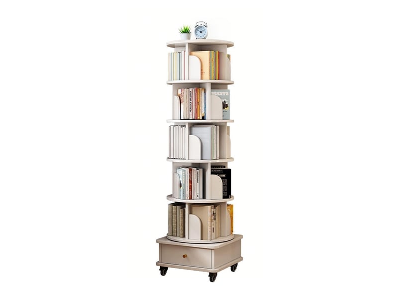  Bibliothèque tournante - 46x46x173cm - 6 niveaux avec tiroir et roulettes - étagère à livres ronde gain de place - blanc  - Conforama A
