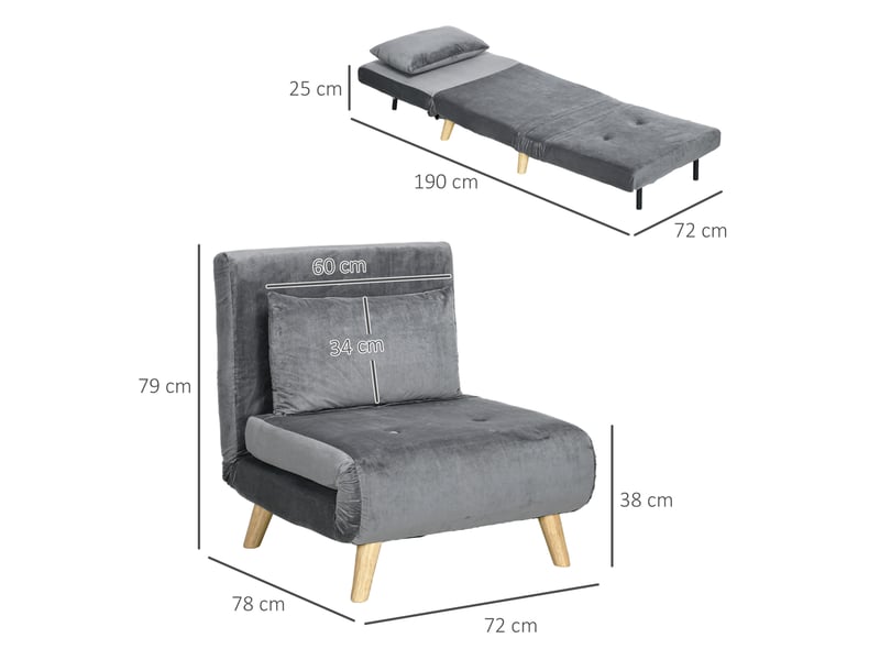  Fauteuil convertible 72x78x79 cm avec dossier réglable, fonction lit, gris  - Conforama D