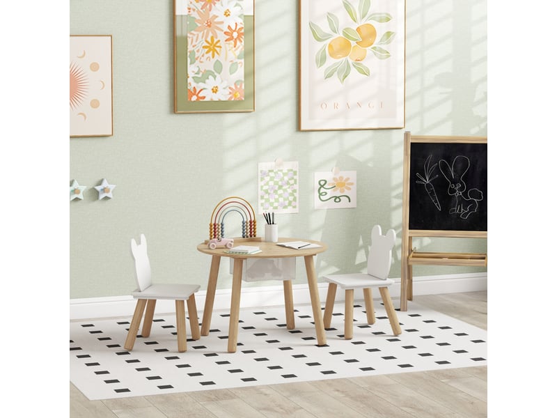  Ensemble table et 2 chaises pour enfants avec dossier en forme d'ourson, table basse avec rangement, blanc et bois  - Conforama C