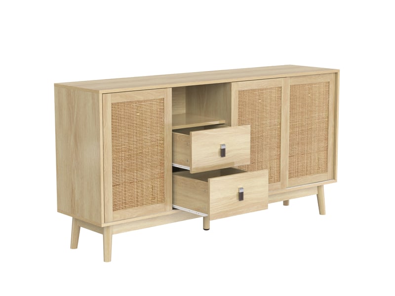  Buffet en rotin véritable avec 3 portes coulissantes, meuble de rangement 155 cm, 2 tiroirs, couleur bois  - Conforama A