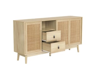 Buffet en rotin véritable avec 3 portes coulissantes, meuble de rangement 155 cm, 2 tiroirs, couleur bois