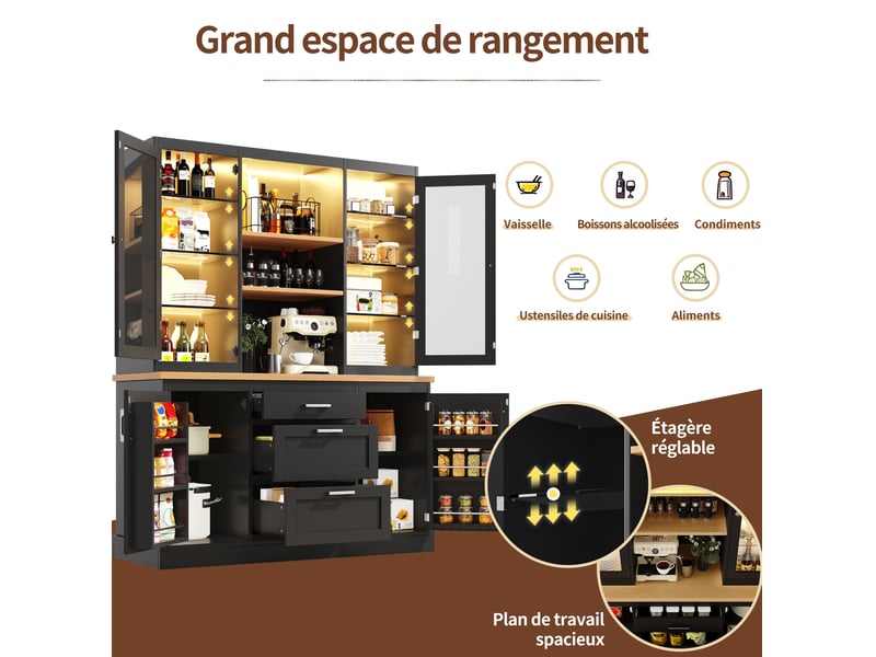  Buffet de cuisine 140x40x185 cm, led rgb pilotage app, 3 tiroirs, portes vitrées, étagères réglables, mdf métal, noir  - Conforama E