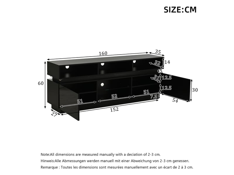  Meuble tv,160x35x60 cm,avec led et rangement,mdf,noir  - Conforama B