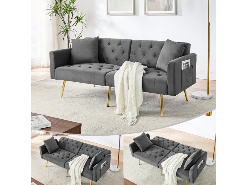  Canapé 2 places, canapé de salon, en velours, gris, dossier réglable 3 positions, 2 coussins inclus, design moderne, pieds en métal  - Conforama C