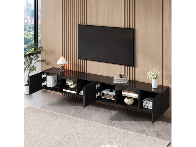  Meuble tv bas tcqpz 200 x 30 x 28 cm 4 portes led contrôlée par application noir  - Conforama C