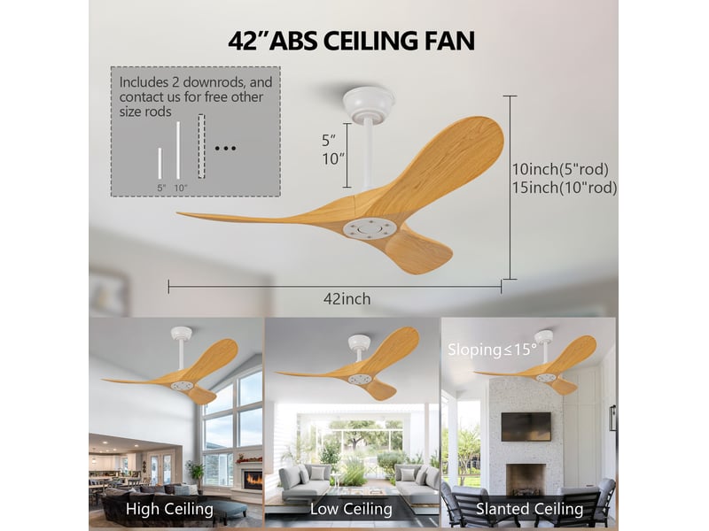  Ventilateur de plafond 107x107x38 cm avec télécommande 6 vitesses, 3 pales abs, moteur dc réversible, sans éclairage, blanc et naturel  - Conforama E