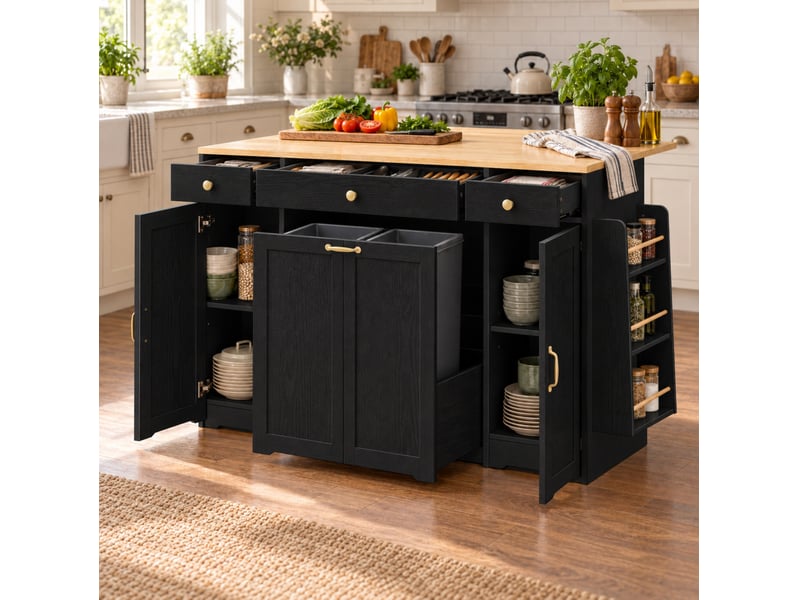  Desserte de cuisine 3 tiroirs 2 portes 136x65x90 cm en mdf noir et naturel  - Conforama B