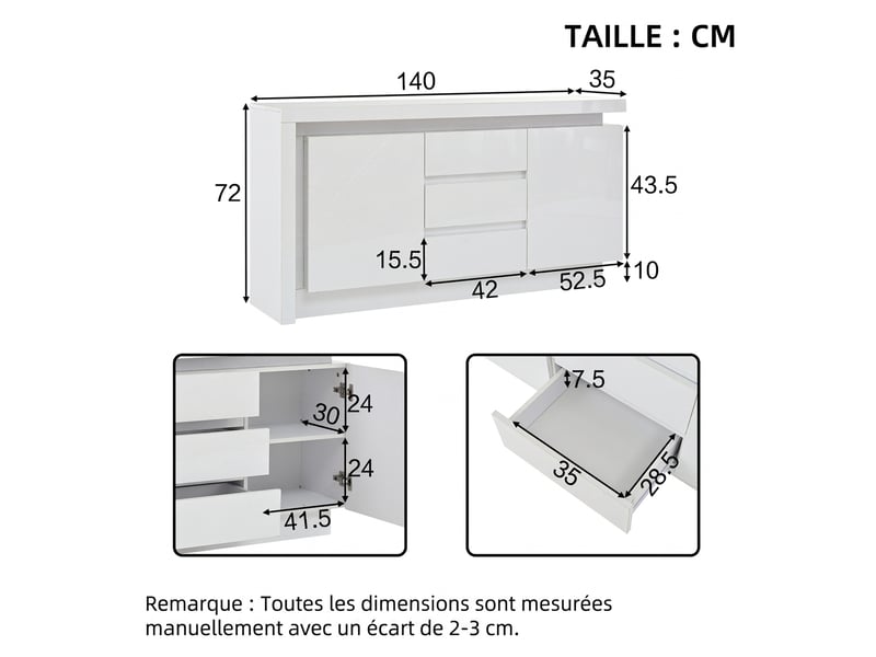  Buffet blanc mat à quatre portes avec poignées et pieds en métal doré, 160 x 35 x 100 cm  - Conforama B