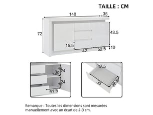 Buffet blanc mat à quatre portes avec poignées et pieds en métal doré, 160 x 35 x 100 cm