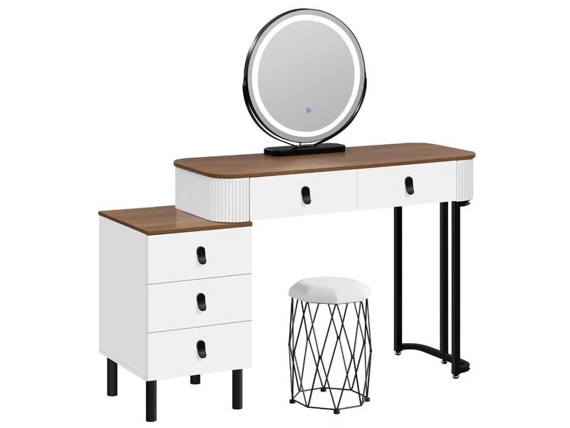 Coiffeuse bicolore avec miroir led, tabouret et 5 tiroirs - Conforama A