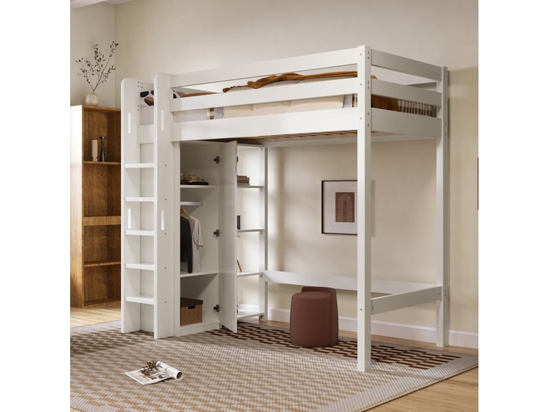  Lit mezzanine enfant 90x200 cm avec armoire, 6 étagères et sommier à lattes, blanc  - Conforama E