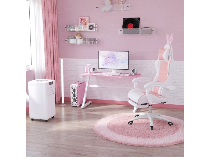  Chaise gaming rose 65 x 63 x 136-142 cm en simili cuir, inclinable avec repose-pieds et oreilles de lapin  - Conforama D