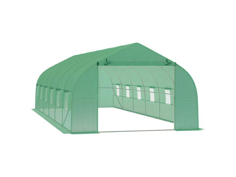 Serre tunnel extérieur 8x3x2 m, 12 fenêtres, porte enroulable, plantestomateslégumes, acierpe 140 gm², vert. - Conforama A