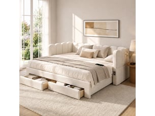 Lit gigogne 90 x 200 cm, lit banquette extensible en 180 x 200 cm avec 2 tiroirs et ports usb et usb-c, sommier à lattes, lin, beige