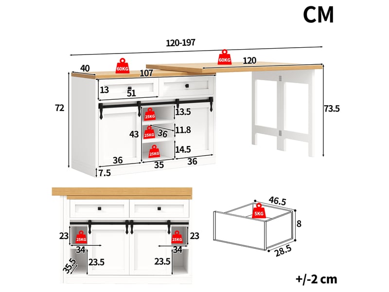  Îlot de cuisine extensible blanc,2 tiroirs et étagères réglables,table à manger rotation 360°,en mdf et métal,120-197x40x72cm  - Conforama E