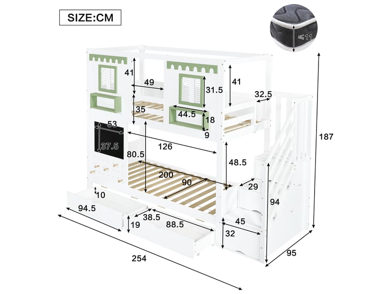  Lit superposé enfant 2 places 90×200 cm, escalier rangement et 2 tiroirs  - sans matelas, bois blanc et vert  - Conforama D