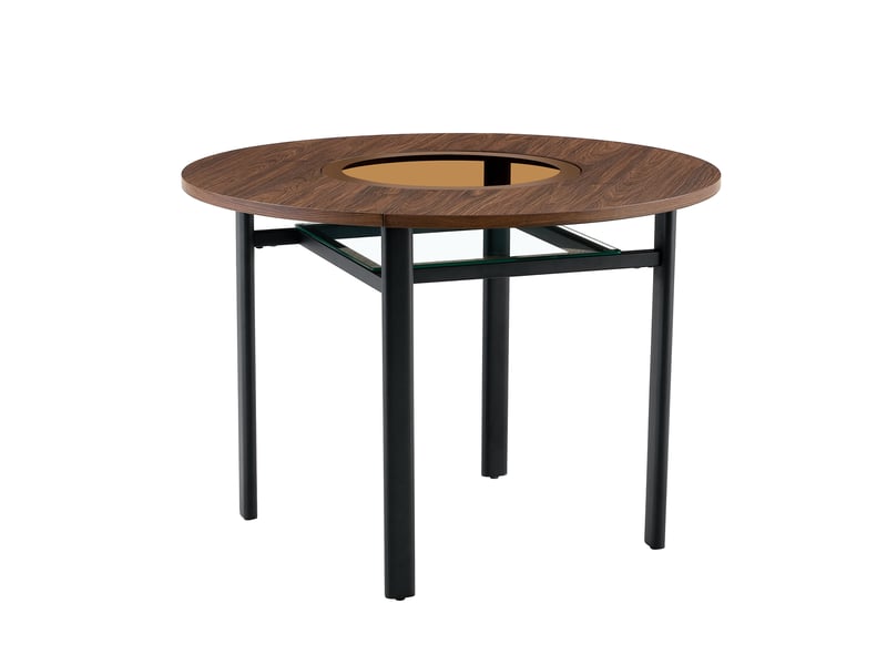  Table ronde, 100 cm, table repas table à manger, pratique, plateau mdf, verre et bois, piètement métal, coloris noir  - Conforama A