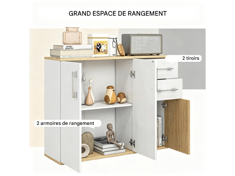 Buffet 3 portes 2 tiroirs meuble de rangement blanc et naturel 90 x 30 x 75.5 cm - Conforama D
