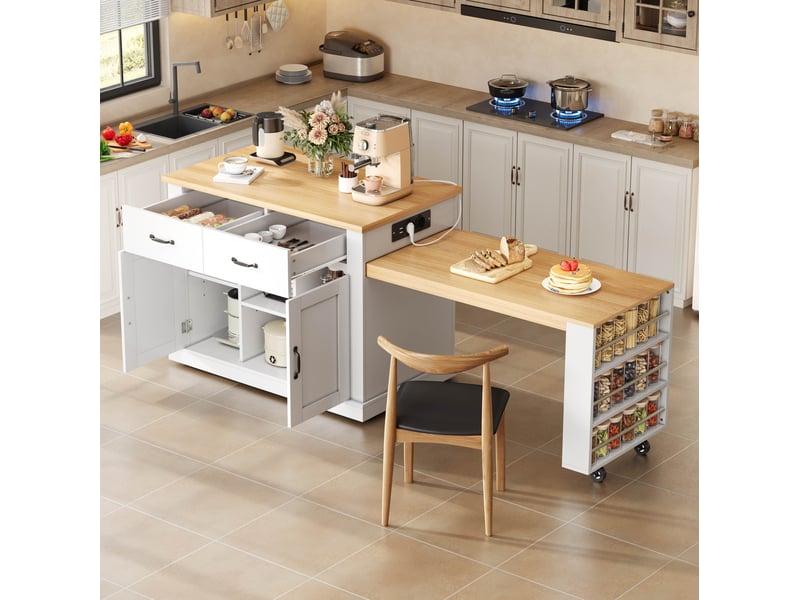Îlot de cuisine avec table extensible, 2 portes, 2 tiroirs, prises et rangements, blanc et chêne, 132 × 60 × 93 cm - Conforama B