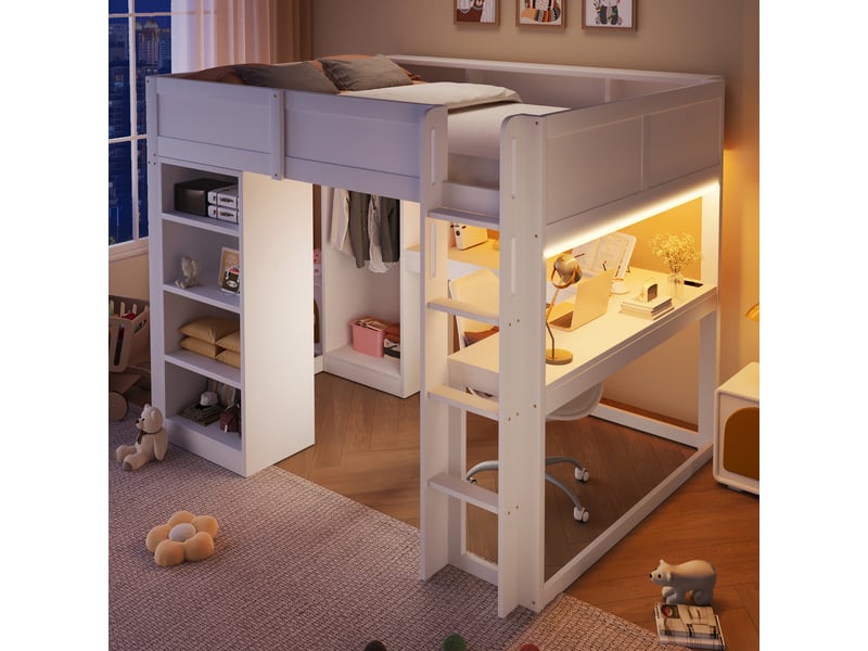  Lit mezzanine 140 x 200 cm avec bureau en l, armoire, 4 étagères, rangements hauts, led bluetooth, station de charge, pin et mdf - blanc OMNIGLINT TRADING LTD - Conforama B
