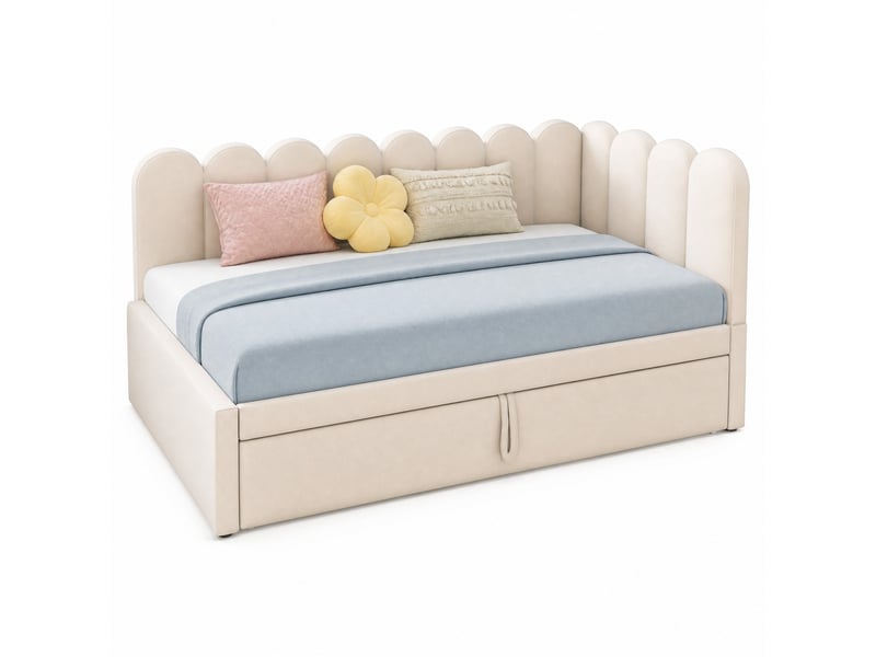  Lit gigogne en l 90x200 cm, pour chambre, lit enfant, gain d'espace, tête de lit, finition velours beige, sommier, sans matelas  - Conforama A