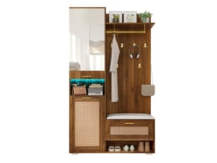 Ensemble d'entrée avec miroir - penderie, 6 crochets dorés, meuble à chaussures, rangements, banc, led 16 couleurs
