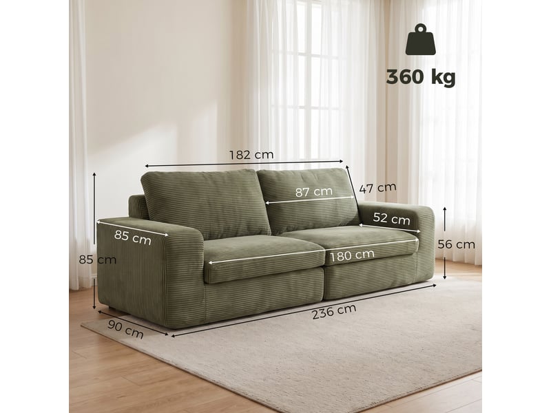 Canapé 3 places en velours côtelé, vert, canapé de salon compressé moderne 236 cm avec coussin à ressorts - Conforama C
