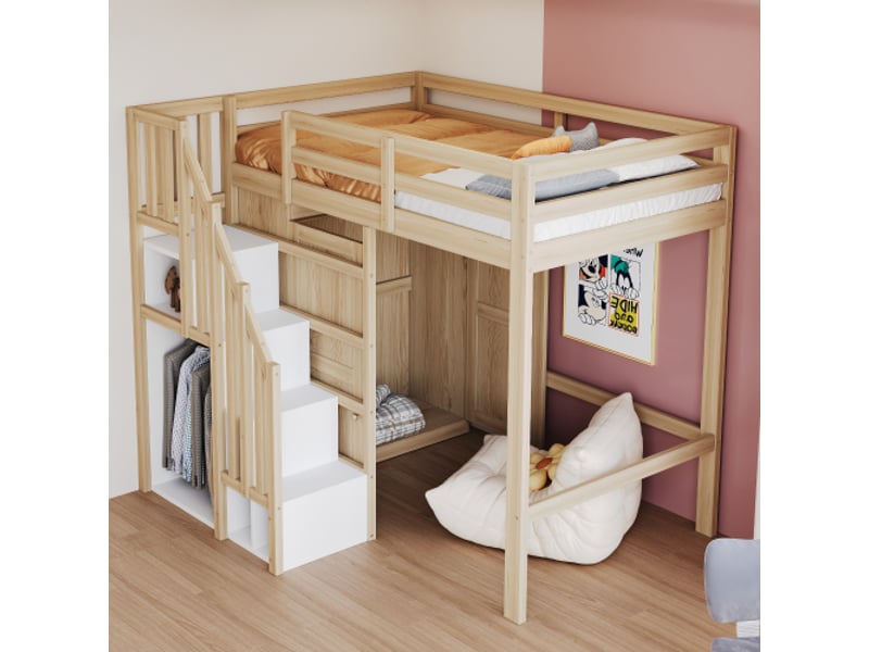  Lit mezzanine 90x200 cm, lit enfant avec portant, rangement, armoire, en bois, naturel, sans matelas  - Conforama B