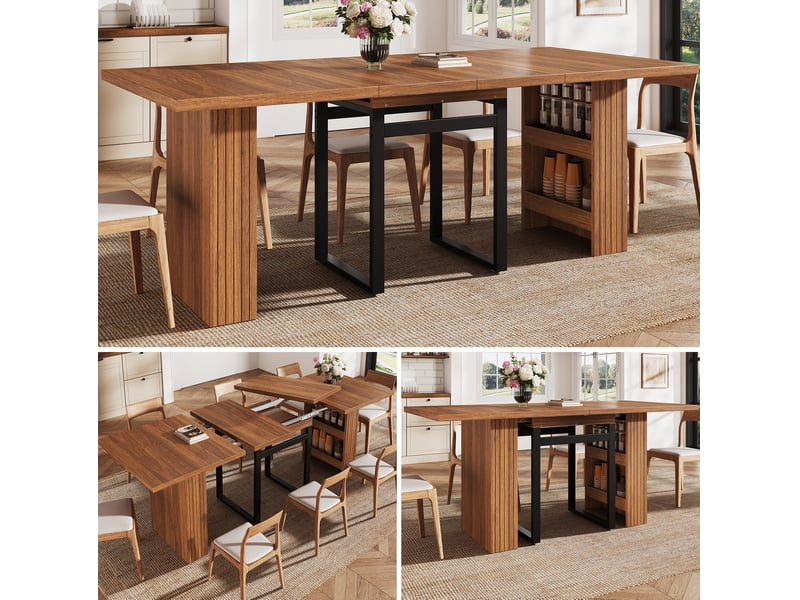  Table à manger extensible 120160200x80x78 cm, rangement intégré, pieds métal noir, mdf, marron foncé  - Conforama D