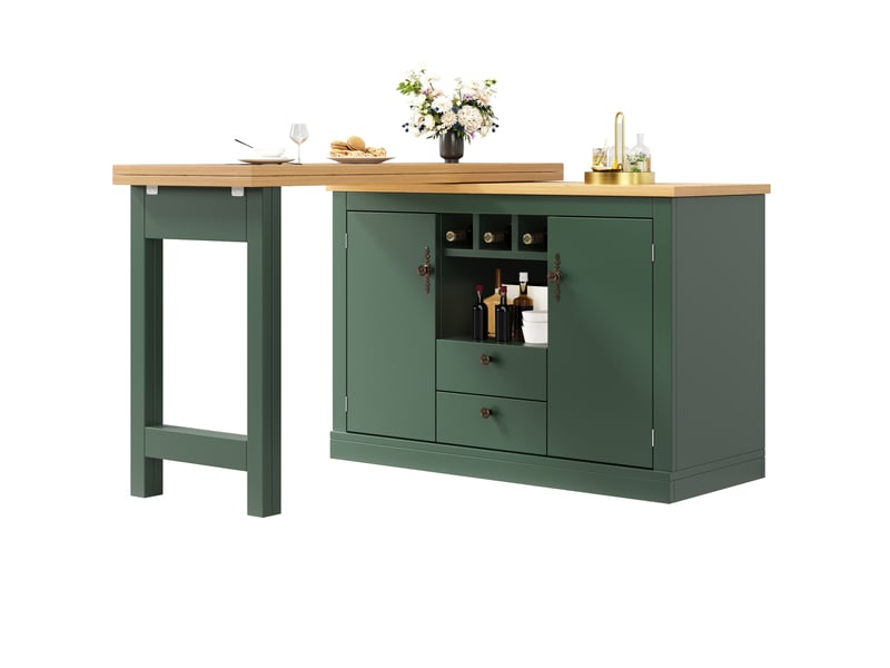  Table de bar extensible design avec fonction de rotation 360° et rangements, longueur ajustable de 120 à 180 cm, salon, salle à manger, home office, vert antique  - Conforama A