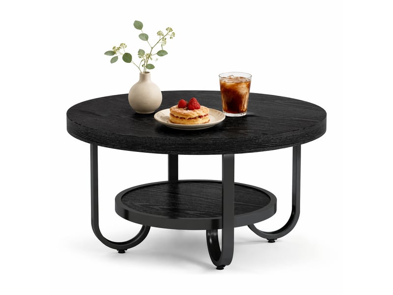 Table basse ronde à 2 niveaux avec tablette inférieure, style industriel, en mdf et métal, noire, pour le salon - Conforama A