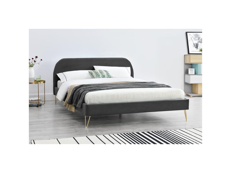Structure de lit 160 x 200 cm en velours et laiton gris phoenix  - Conforama D