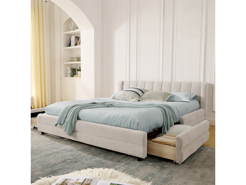  Lit 140x200 cm avec tête de lit en chenille, lit enfant avec sommier à lattes, lit 2 personnes avec prise usb, beige  - Conforama A