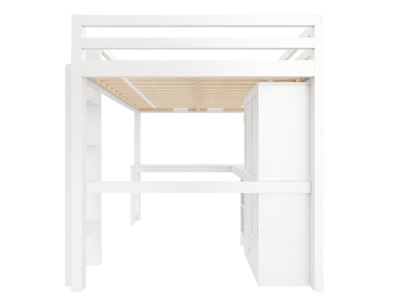  Lit mezzanine 140x200 cm, bureau armoire, led usb, rangements, sommier à lattes mdf bois blanc sans matelas  - Conforama E