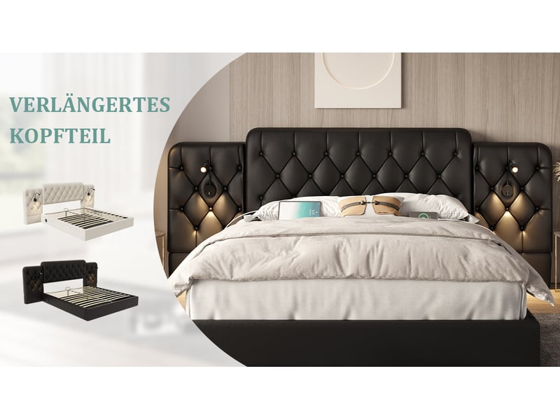  Lit coffre 160x200 cm noir en pu avec lampes de lecture et ports usb  - Conforama W