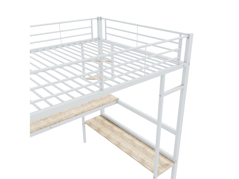 Lit mezzanine 140x200 cm avec étagères, structure acier, sommier, protection, métal + mdf, blanc, sans matelas - Conforama D