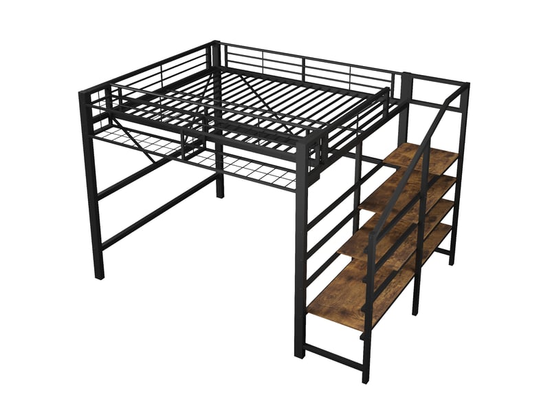  Lit mezzanine métal noir 140×200 cm avec étagères, panier et led  - Conforama E