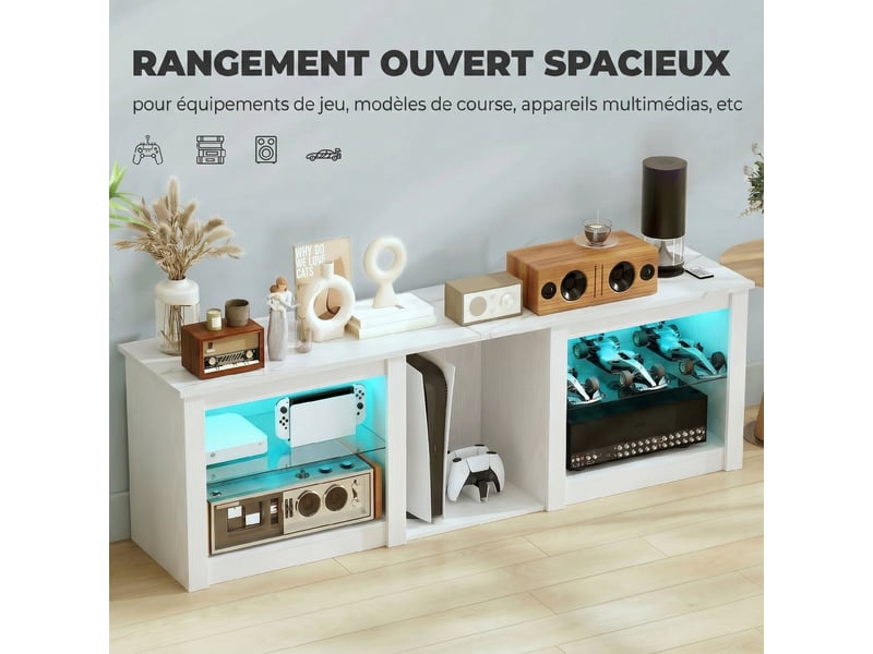  Meuble tv avec éclairage led pour télévision jusqu'à 70 pouces, blanc, 160cm avec étagères en verre réglables  - Conforama E