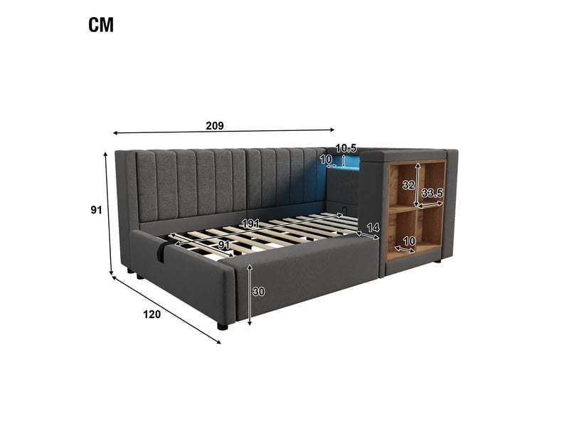  Lit banquette coffre 90x190 cm, banquette-lit, ouverture hydraulique, éclairage led, ports usb et type-c, sommier à lattes, lin gris CozyNest - Conforama C