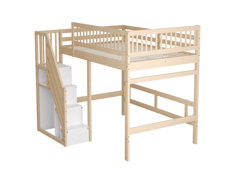 Lit mezzanine 140x200 en bois massif, lit enfant avec escalier de rangement, barrière haute, lit adolescent couleur bois naturel. - Conforama E