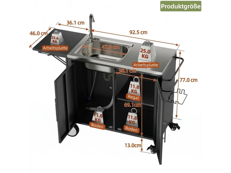  Table barbecue évier îlot cuisine plan rabattable armoire rangement métal chariot roulettes jardin cour pelouse  - Conforama C